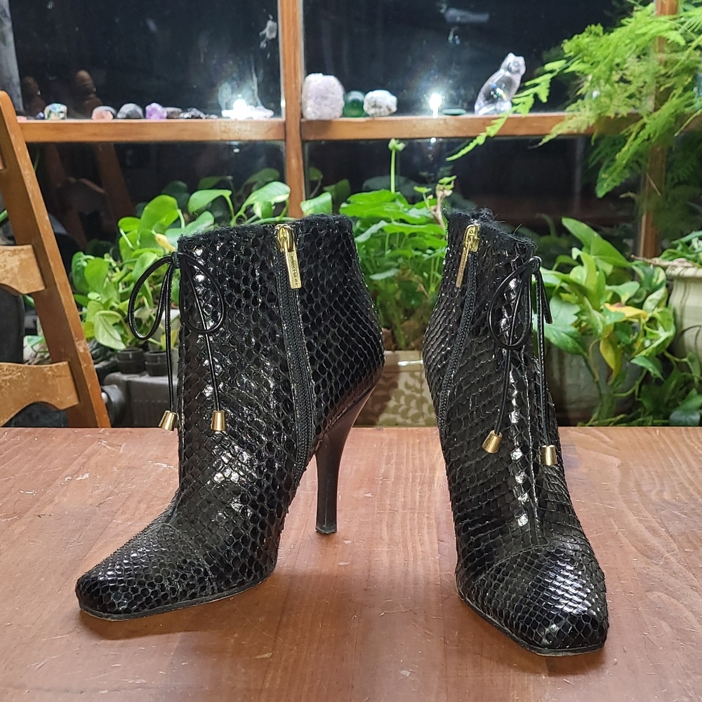 Jimmy Choo Black Snakeskin Ankle Boots Stilleto Heel Bootie 37